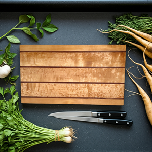 Exklusiv unik skärbräda i björk och nyatoh, fotograferad ovanifrån, endast ett exemplar.