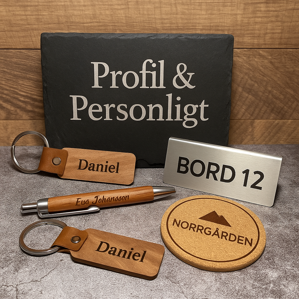 Graverade profilprodukter i trä och kork med logotyp – hållbar profilprodukt.