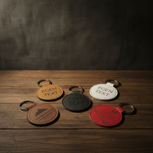 Personliga nyckelringar i PU-läder med gravyr i flera färger – svart, brun, vit, röd och konjak. Gravering med egen text eller design, från Norrgården.