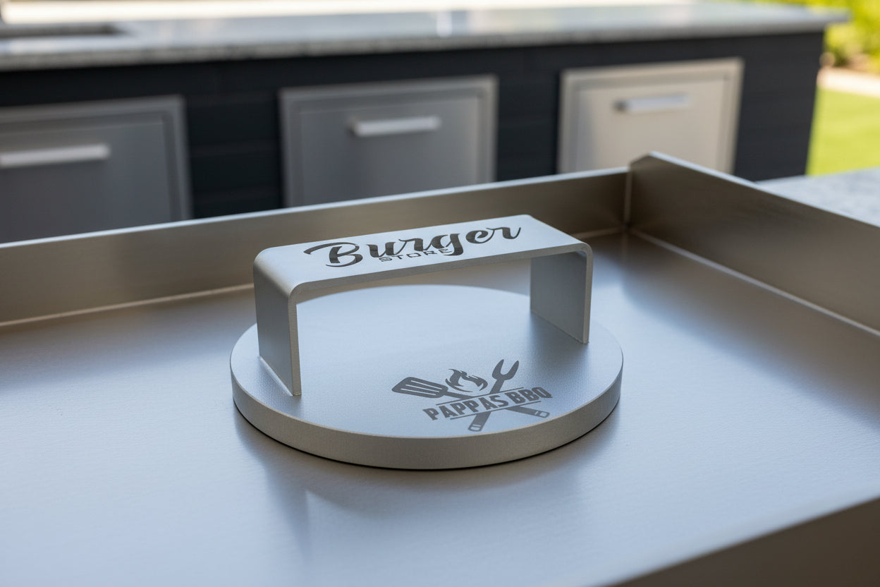Smashjärn för hamburgare med personlig gravyr placerad på ett stekbord i ett utekök.