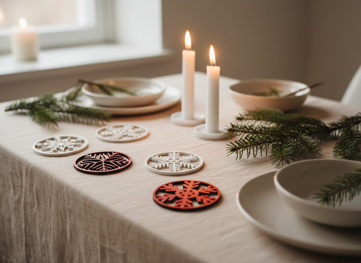 Bordsdekorationer i trä med snöflingor i vitt och rött, placerade på en juldukning med ljus och granris.