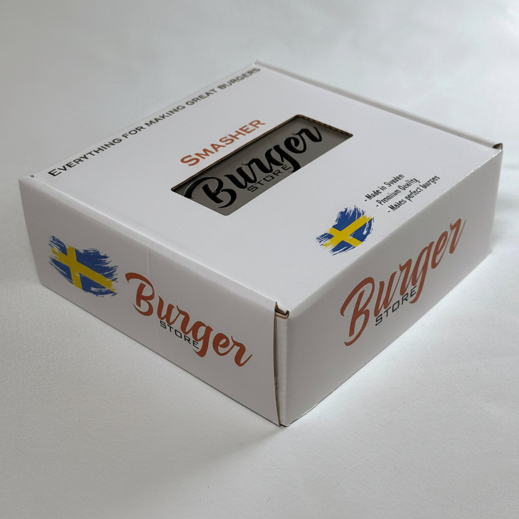 Burger Store Smashjärn med gravering i förpackning – Made in Sweden