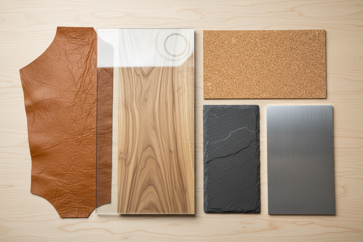 Exempel på material som vi graverar i – trä, läder, skiffer och kork.