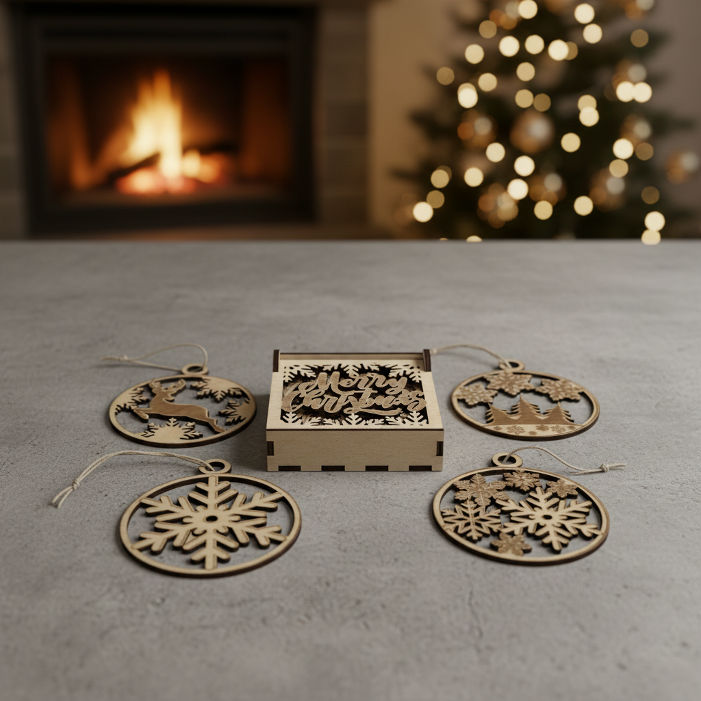 Julhängen i trä med fyra motiv och presentask med utskuren text "Merry Christmas", fotograferade i julmiljö med gran och brasa i bakgrunden. Juldekoration från Norrgården.