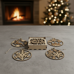 Julhängen i trä med fyra motiv och presentask med utskuren text "Merry Christmas", fotograferade i julmiljö med gran och brasa i bakgrunden. Juldekoration från Norrgården.