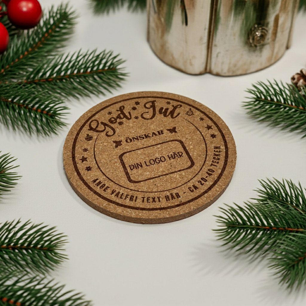Julinspirerat korkunderlägg med plats för egen logotyp och text – personlig julhälsning för företag.