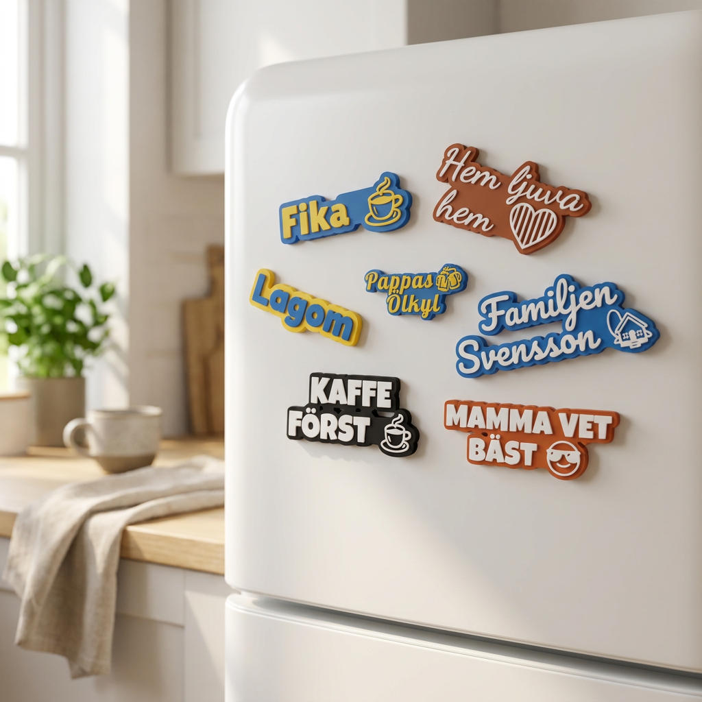 3D-printade kylskåpsmagneter med egen text – Fika, Lagom, Kaffe först, Familjen Svensson och Mamma vet bäst – på dörren till ett vitt kylskåp i ett ljust kök