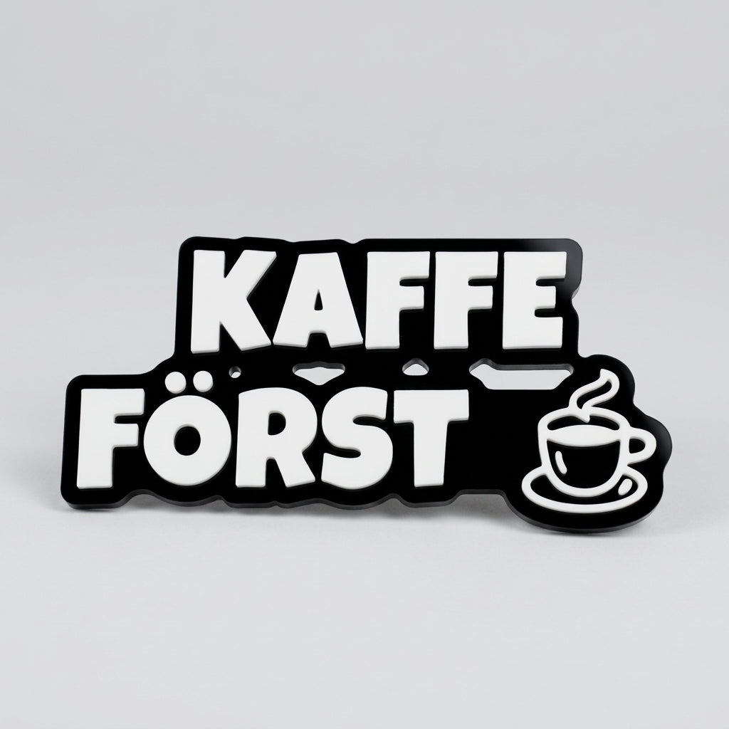 Kylskåpsmagnet med texten ”Kaffe först” och en kaffekopp i vitt på svart bottenplatta