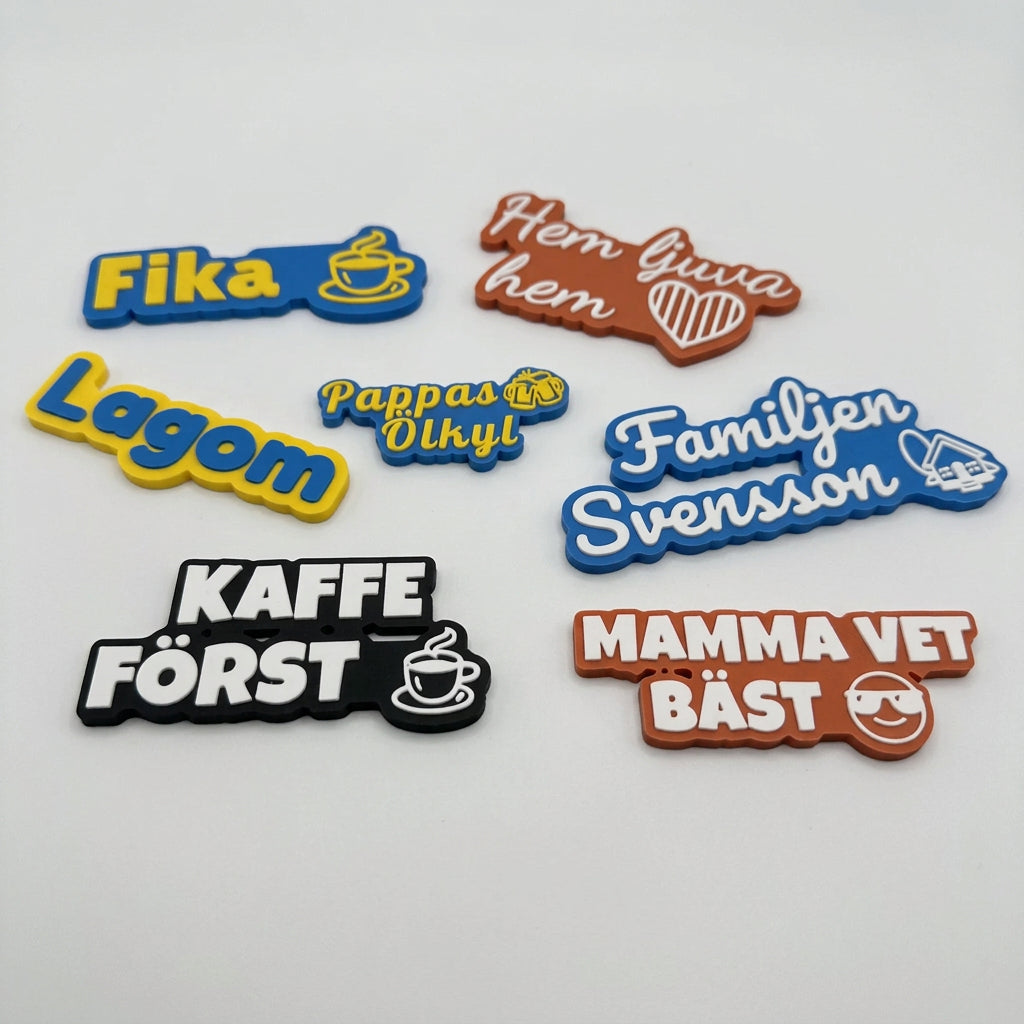 Sju kylskåpsmagneter med egen design, 3D-printade i två färger: Fika, Lagom, Pappas ölkyl, Hem ljuva hem, Familjen Svensson, Kaffe först och Mamma vet bäst