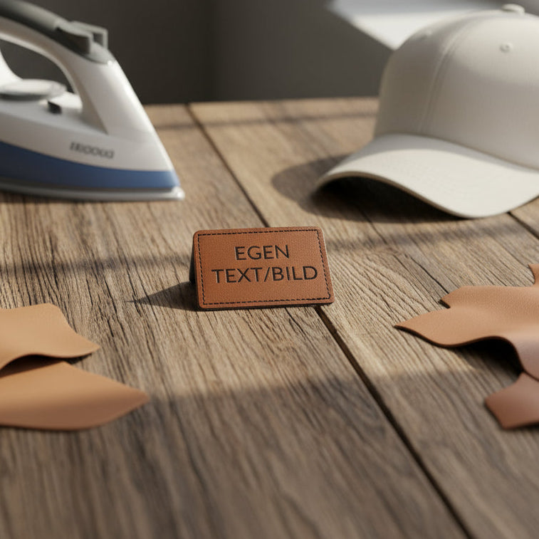 Ljusbrun läderetikett i PU-läder med egen text. Redo att fästas på valfritt plagg som t.ex. en mössa, keps eller jacka.