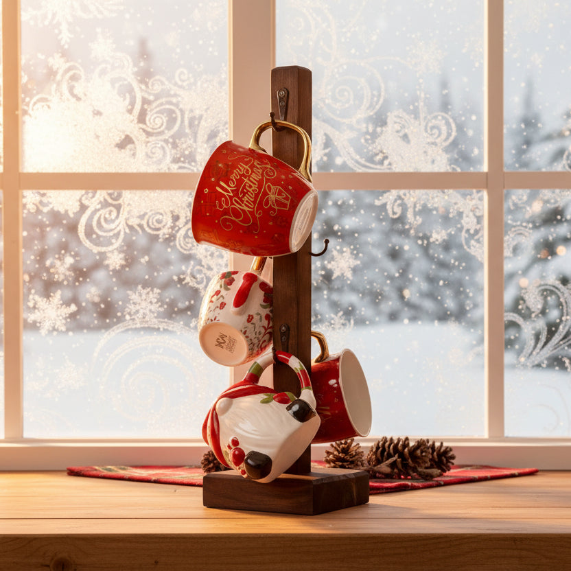 Rustik mugghållare i trä med stora julmuggar för varm choklad