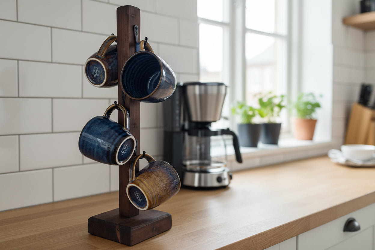 Mugghållare i trä med generöst utrymme för stora kaffemuggar