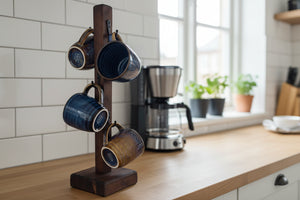 Mugghållare i trä med generöst utrymme för stora kaffemuggar