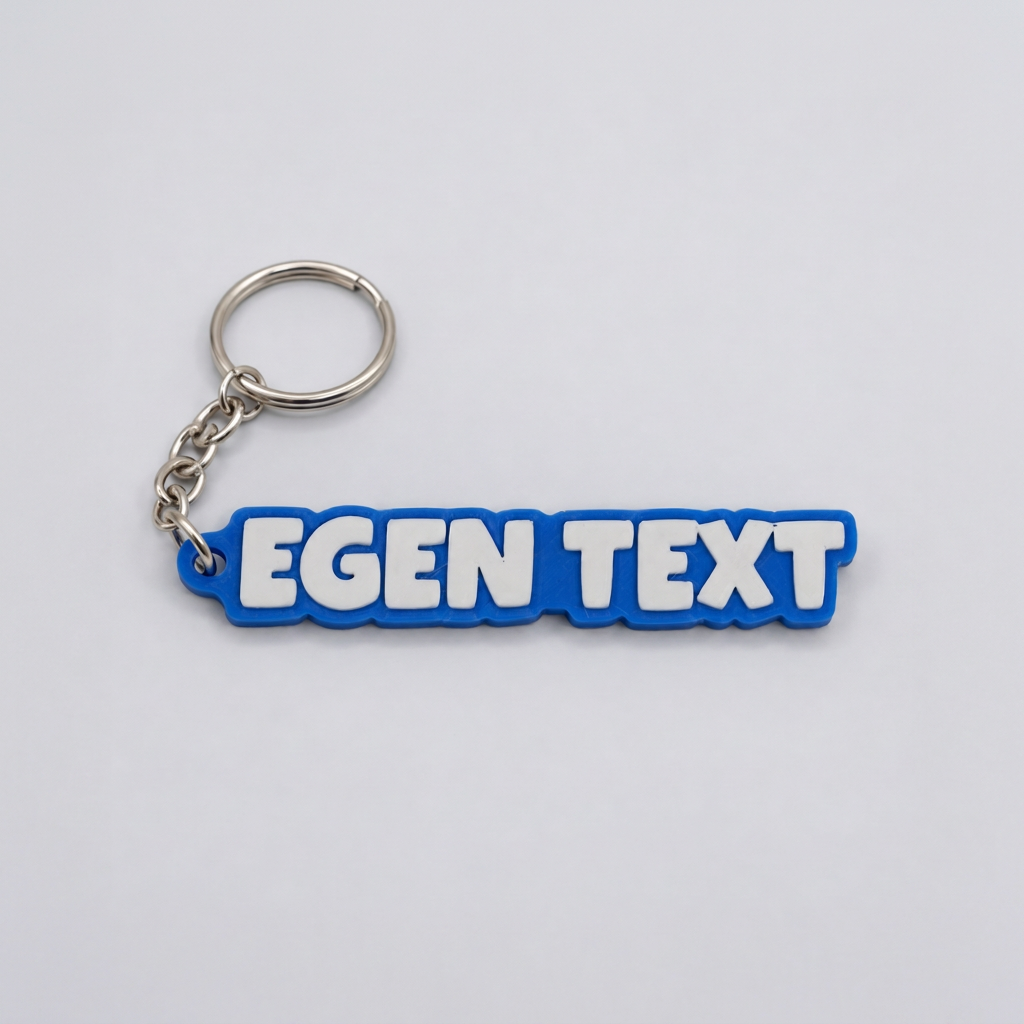 3D-printad nyckelring i TPU med texten EGEN TEXT, vit text på blå bottenplatta.