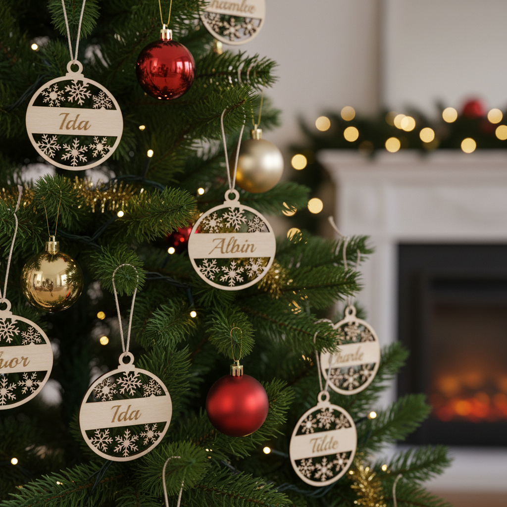 Personliga julhängen hängandes i granen med graverade namn som Ida, Albin och Charlie.