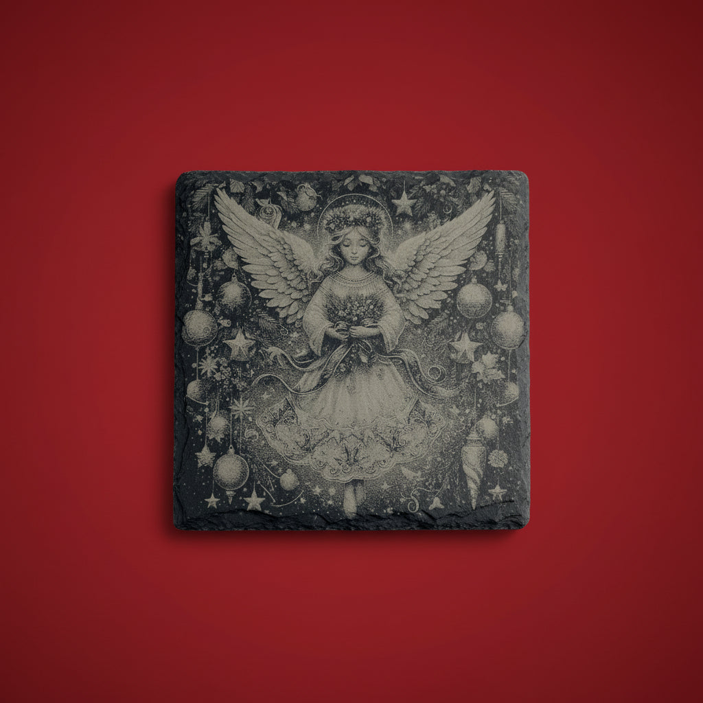 Ängel med julkulor och stjärnor graverad på skifferunderlägg.