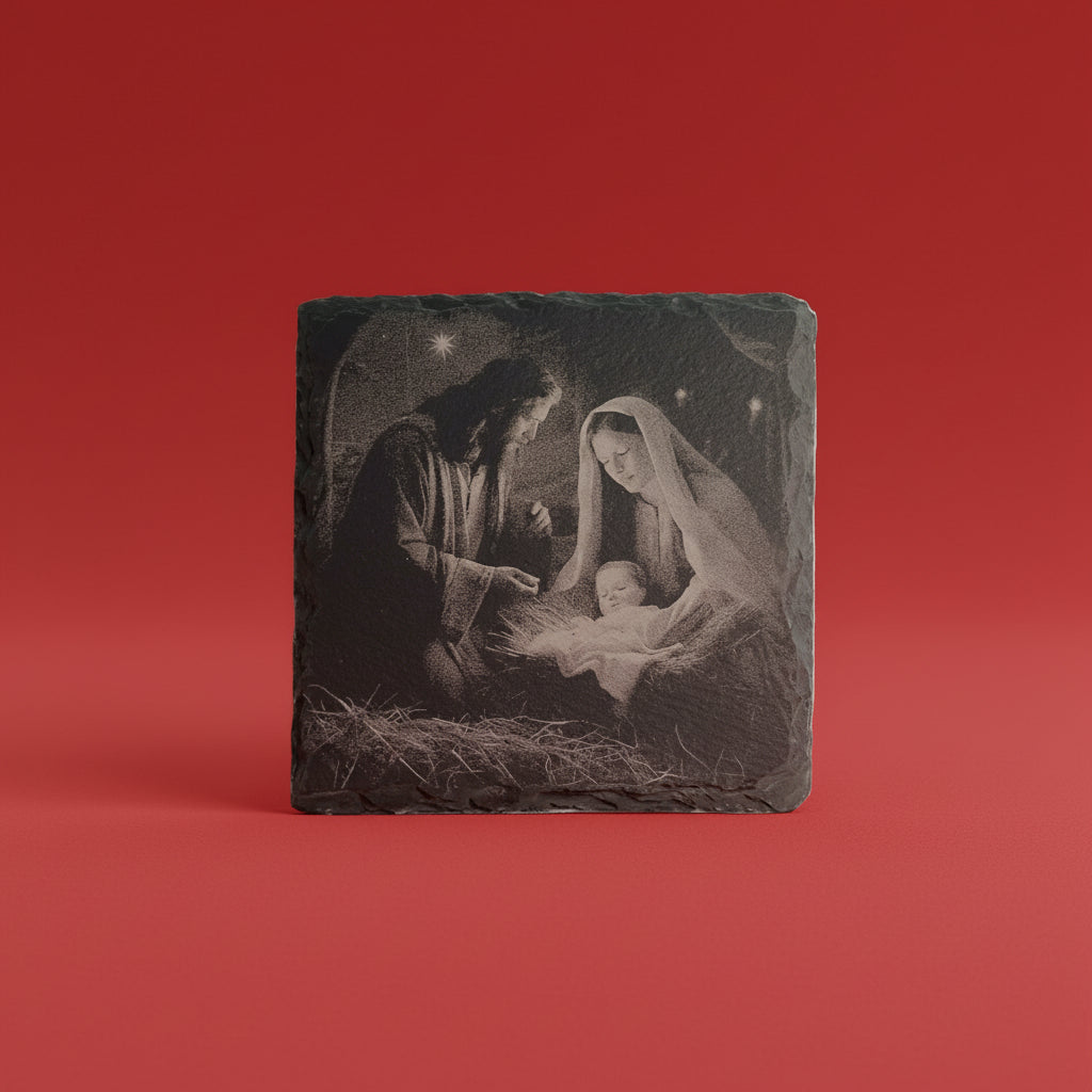 Julkrubba med Maria, Josef och Jesusbarnet graverad på skifferunderlägg.