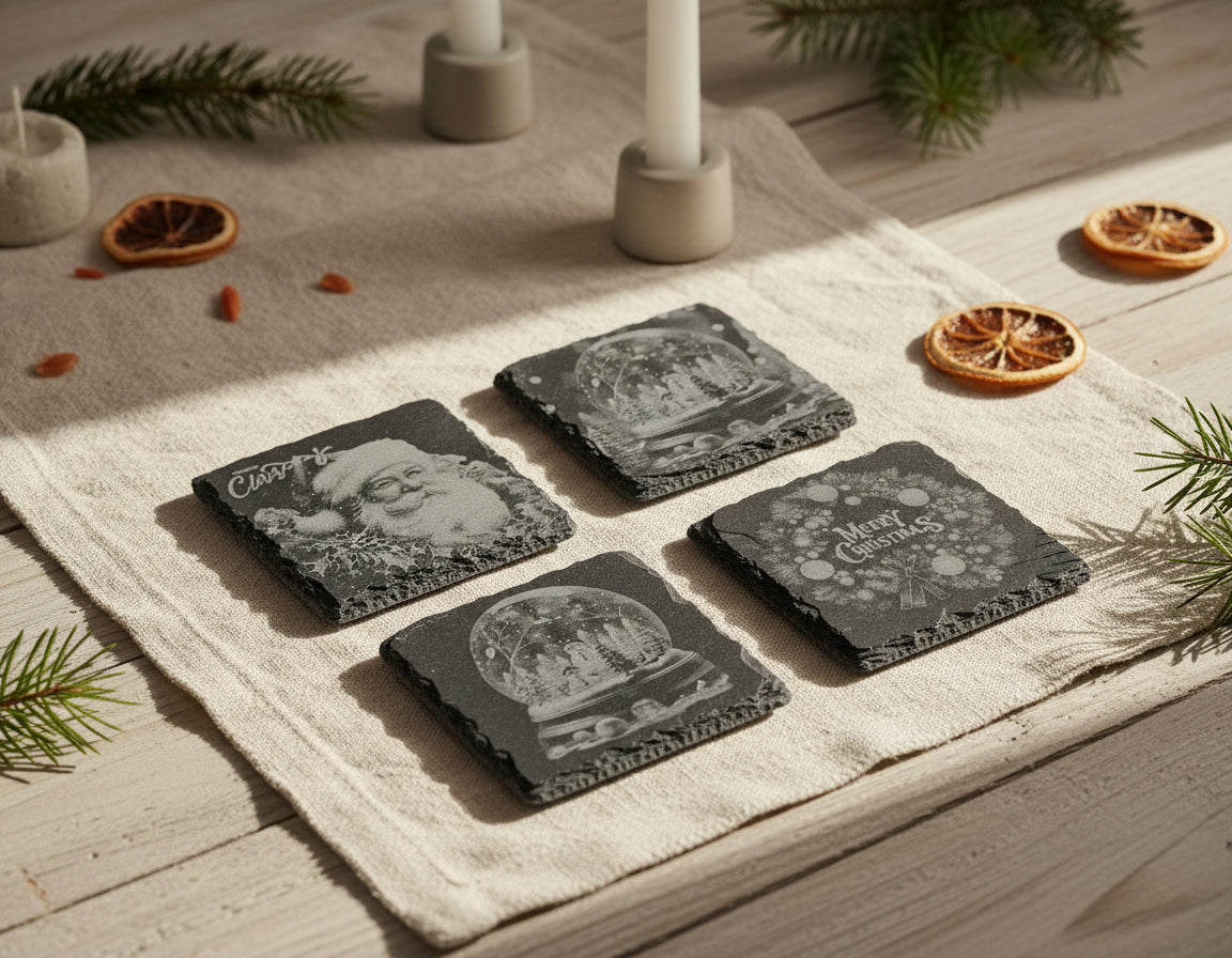 Skifferunderlägg med klassiska julmotiv, inklusive tomtar, snöglober, änglar och vinterlandskap, graverade i skiffer. Julkollektion från Norrgården.