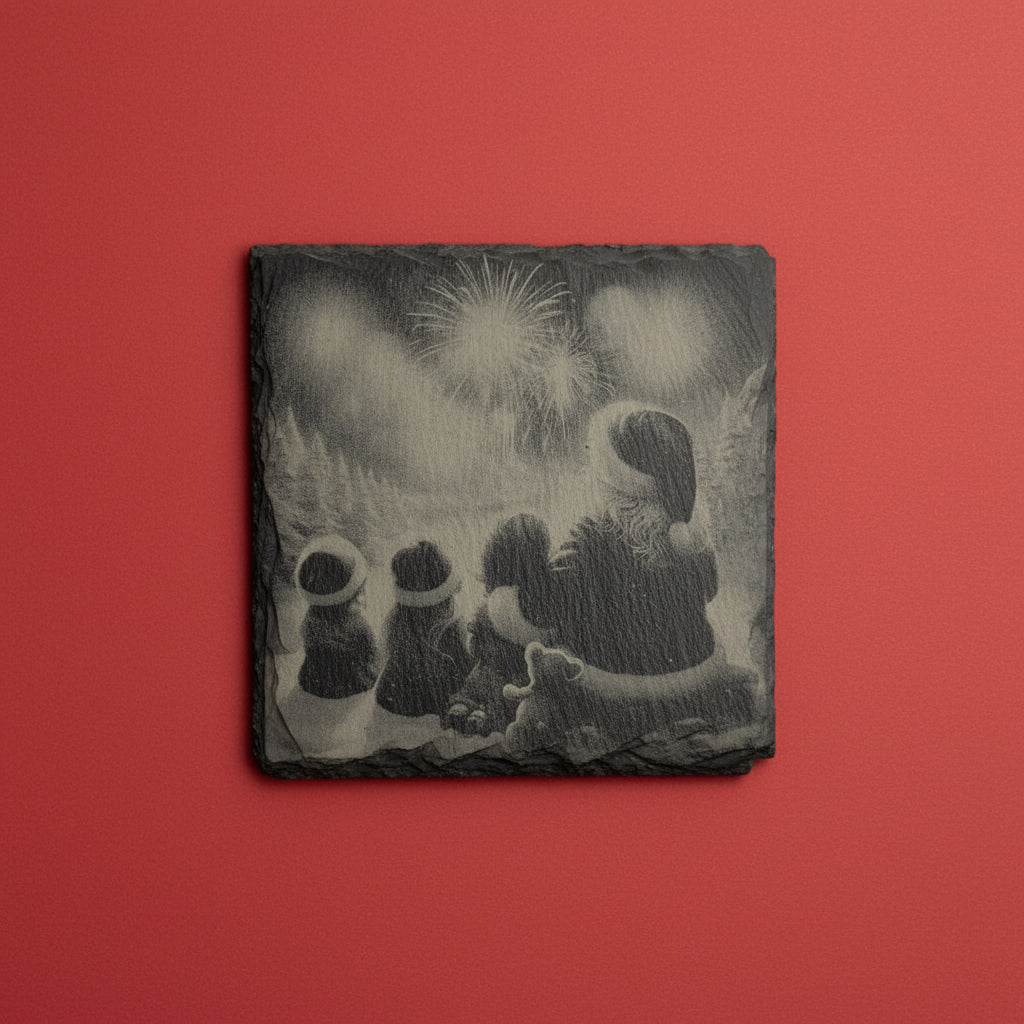 Tomtesiluett som tittar på fyrverkerier graverad på skifferunderlägg.