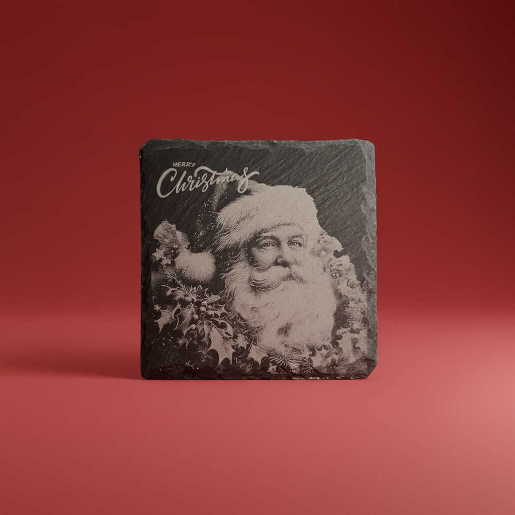 Klassisk tomte med luva och texten Merry Christmas graverad på skiffer.