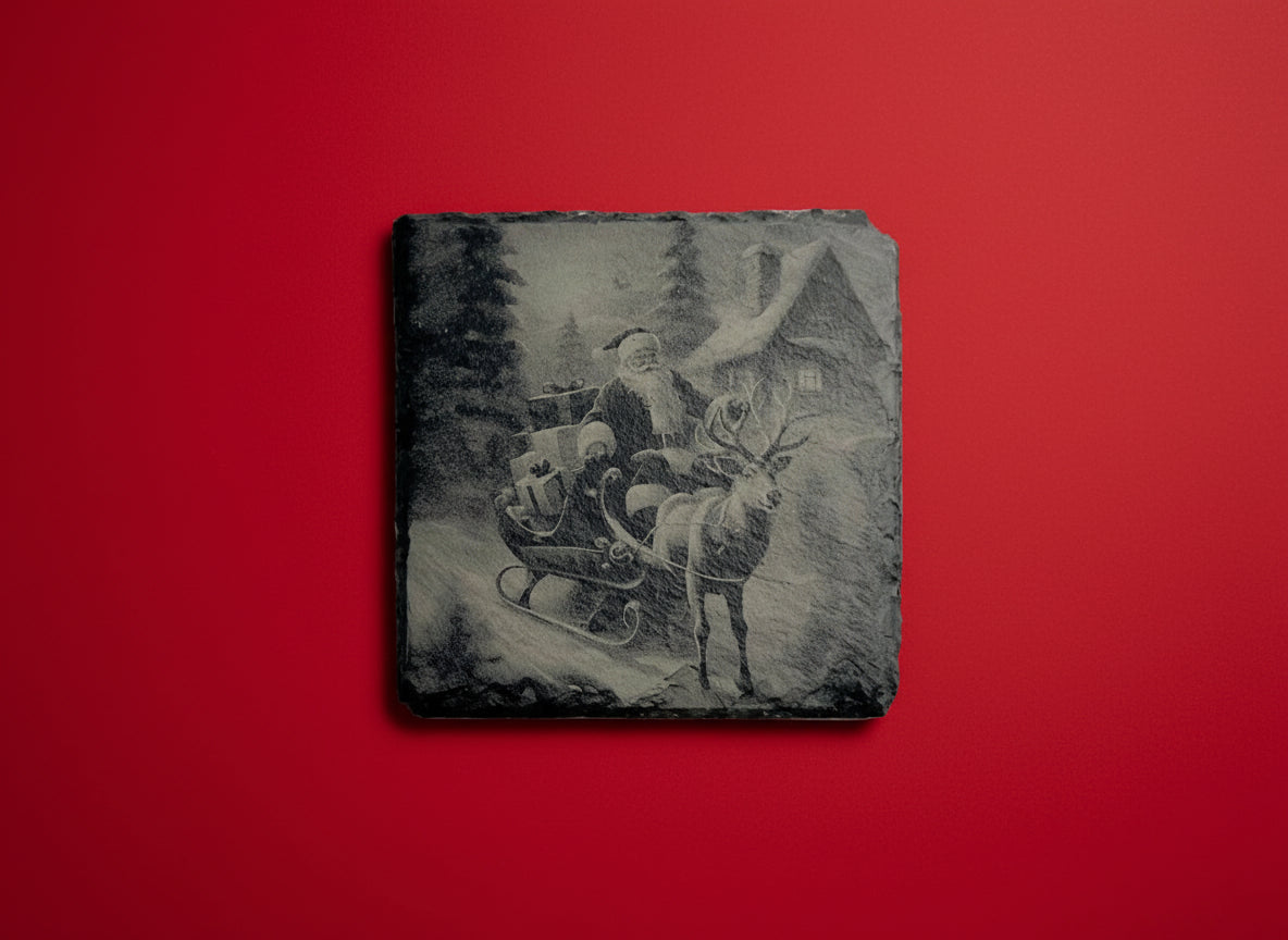 Tomte i släde framför en vinterstuga graverad på skiffer.