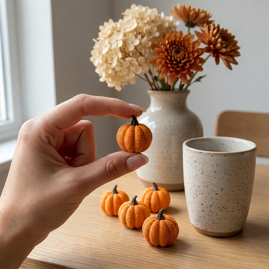 Hand som håller en liten orange pumpa på ca 3 cm mellan tumme och pekfinger, med fyra minipumpor till, en kaffekopp och en vas med torkade blommor på ett ekbord