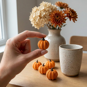 Hand som håller en liten orange pumpa på ca 3 cm mellan tumme och pekfinger, med fyra minipumpor till, en kaffekopp och en vas med torkade blommor på ett ekbord