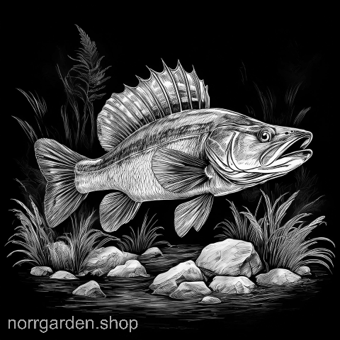 Naturmotiv: abborre bland stenar – handgraverat på återvunnet skiffer